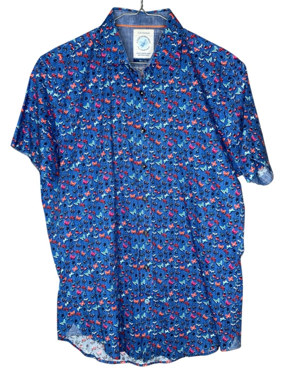 A Fish Named Fred Short Sleeve Button Up Shirt Butterflies Blue Men's Medium